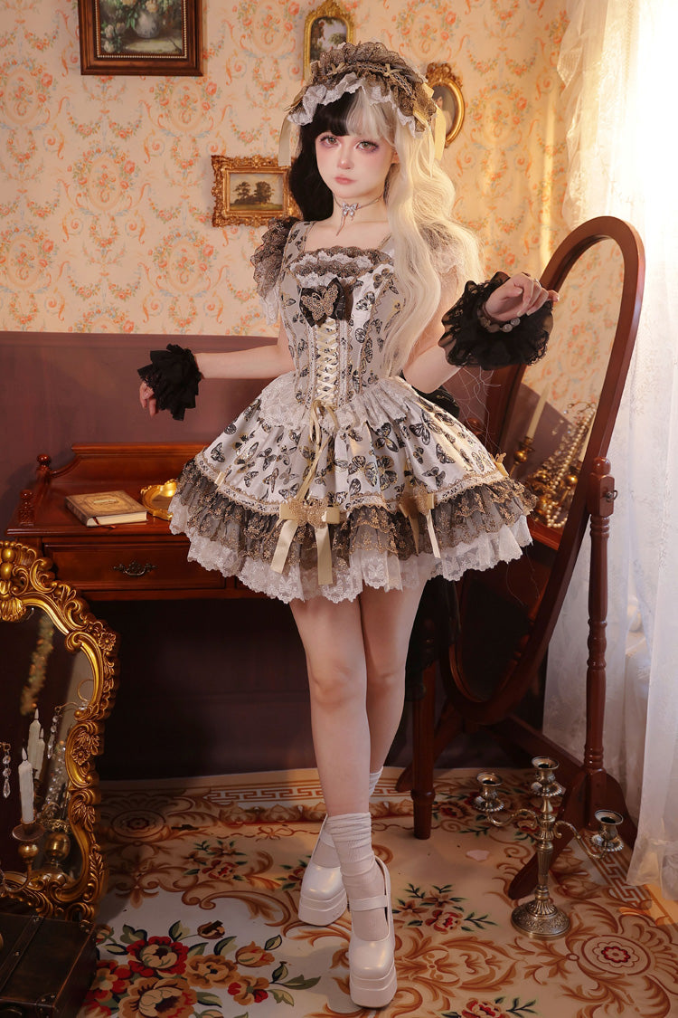 Cream [Golden Spirit • Dream Butterfly] Sleeveless Print Ruffle Bowknot Lace-Up Sweet Princess Lolita Jsk Dress Set - Product - 13