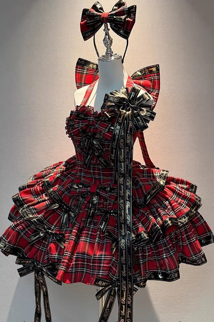 Red [Rock Kitty] Sleeveless Triple-Layered Printed Ruffled Bow Gothic Lolita Jsk Dress - Product - 3