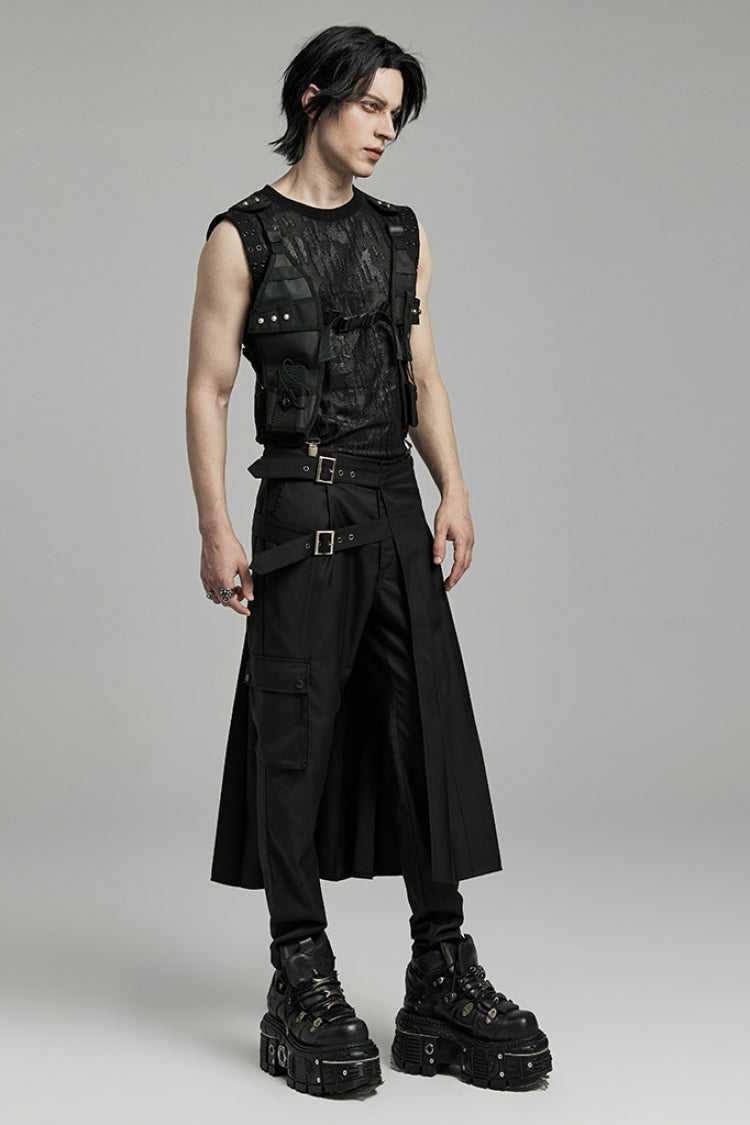 Black Asymmetric Buckle Men's Punk Pleated Skirt - Product - 4