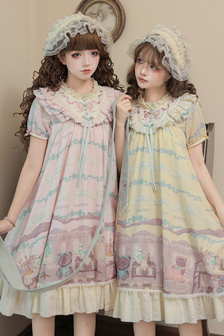 Pink [Brown Dollhouse] Short Sleeves Bear Printed Ruffled Bow Sweet Lolita Dress Set - Product - 14