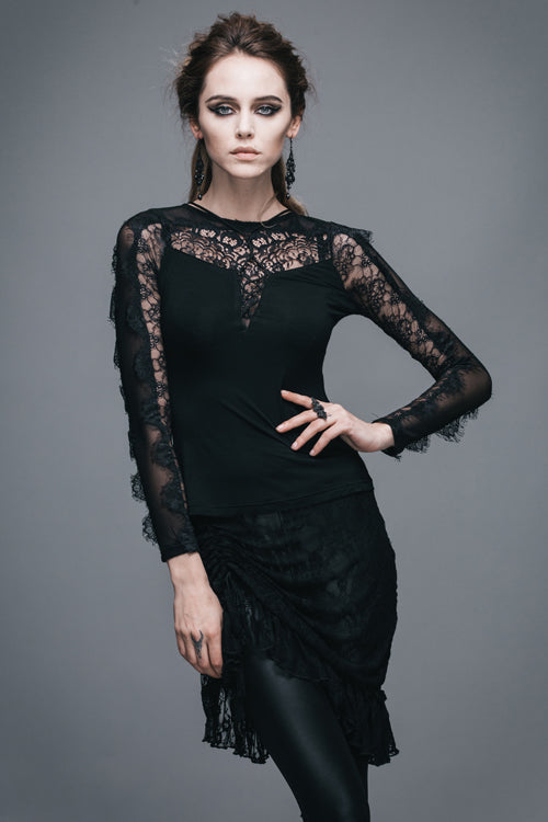 Black Sexy Lace Pattern Long Sleeves Gothic Womens T-Shirt - Product - 5