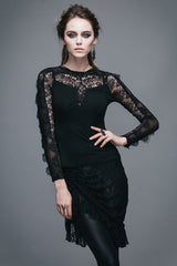 Black Sexy Lace Pattern Long Sleeves Gothic Womens T-Shirt - Product - 5