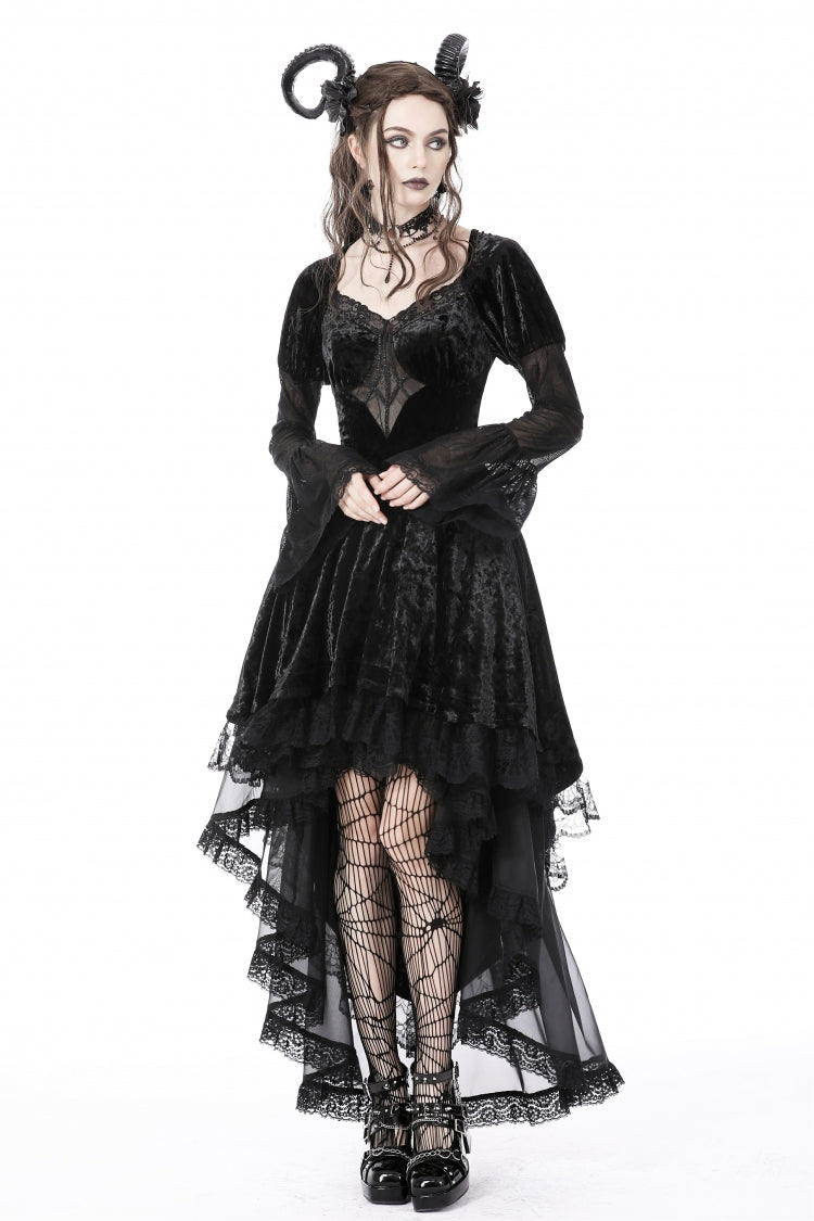 Black Long Puff Sleeves High Low Irregular Multi-Layered Lace Women's Gothic Velvet Dress - Product - 9