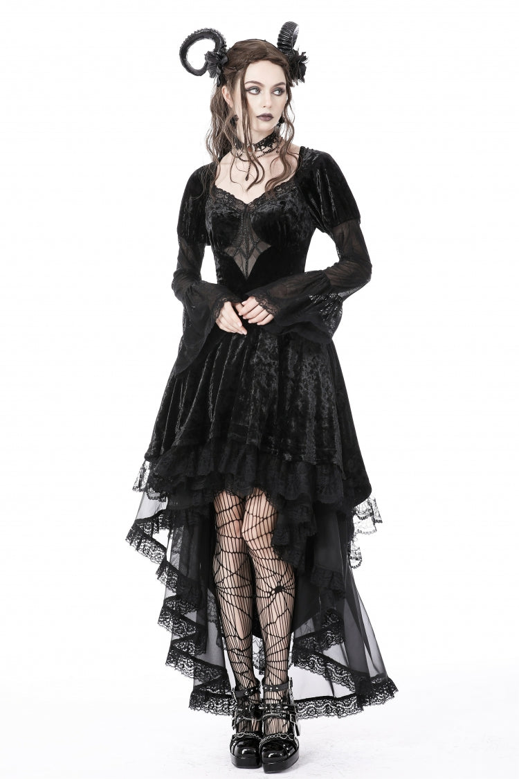 Black Long Puff Sleeves High Low Irregular Multi-Layered Lace Women's Gothic Velvet Dress - Product - 9
