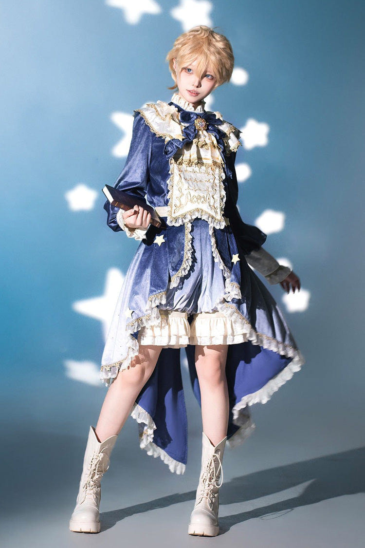 Blue Long Sleeves Ombre Ruffled Bow Ouji Gothic Lolita Swallowtail Dress Shorts Set - Blue(Set) - 1