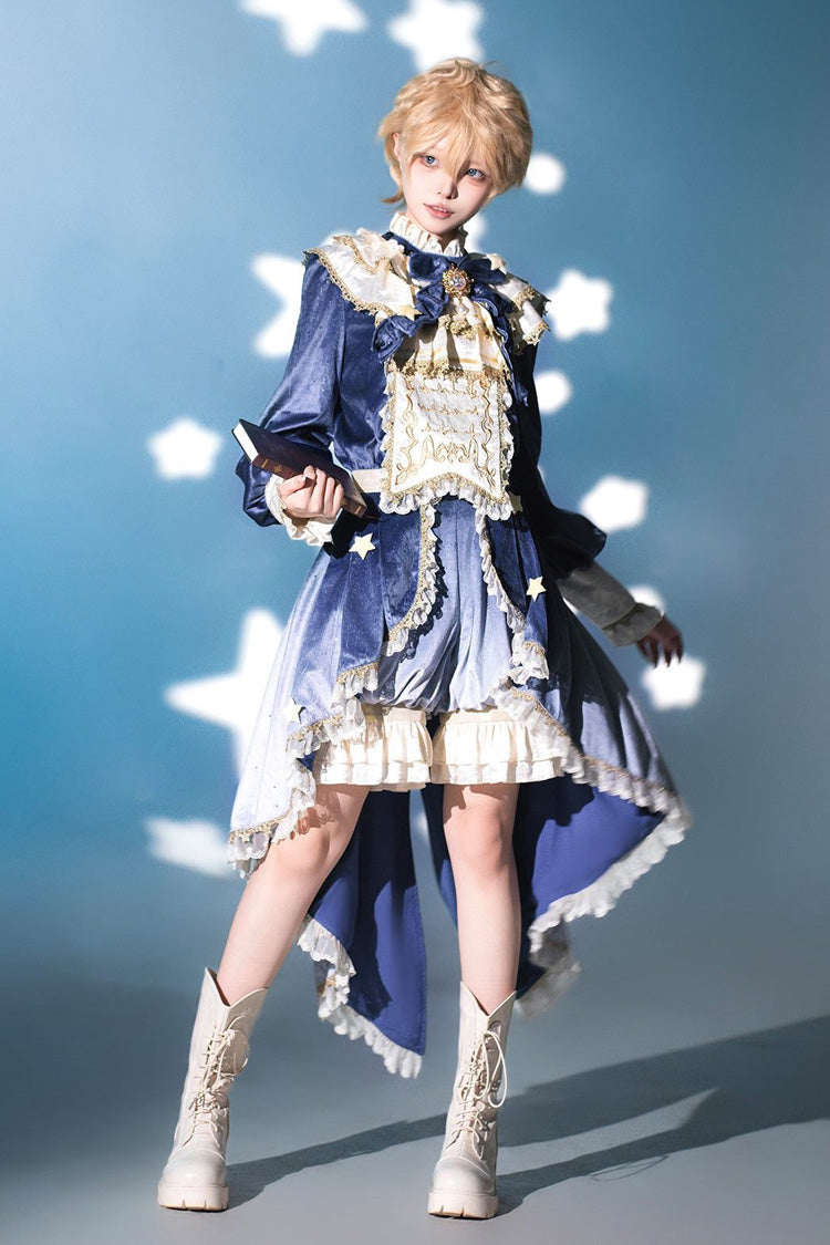 Blue Long Sleeves Ombre Ruffled Bow Ouji Gothic Lolita Swallowtail Dress Shorts Set - Blue(Set) - 1