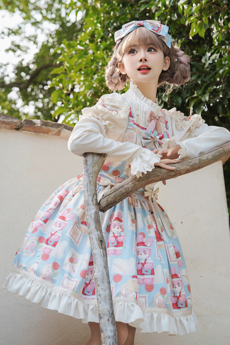 Light Blue [Letter from Showa] Rabbit and letter Print Ruffle Bowknot Sweet Princess Lolita Strap Dress - Product - 3