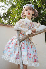 Light Blue [Letter from Showa] Rabbit and letter Print Ruffle Bowknot Sweet Princess Lolita Strap Dress - Product - 3