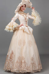 Champagne Court Style High Waisted Long Sleeves Floral Decorative Print Victorian Lolita Prom Dress - Product - 5