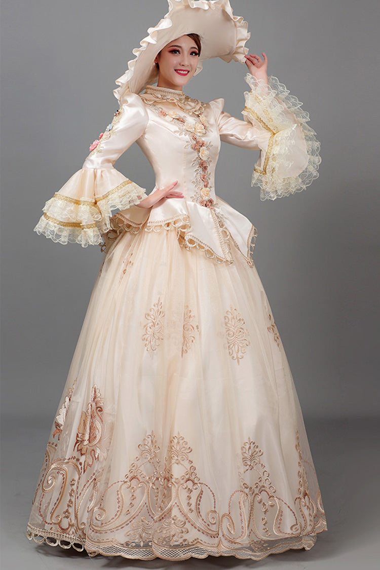Champagne Court Style High Waisted Long Sleeves Floral Decorative Print Victorian Lolita Prom Dress - Product - 5