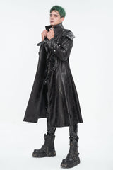 Black Stand Collar Multi Buckle Faux Long Leather Men's Punk Coat - Product - 3