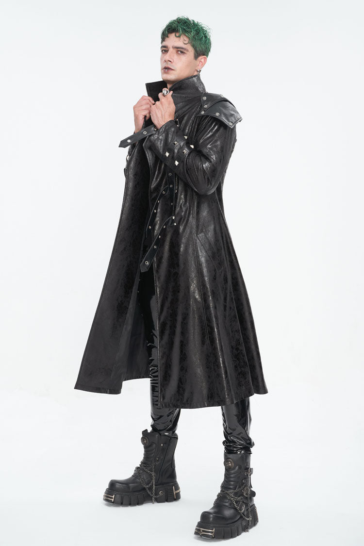 Black Stand Collar Multi Buckle Faux Long Leather Men's Punk Coat - Product - 3