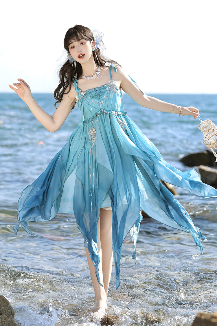 Blue [Ocean Sprite] Gradient Print Irregular Hooded Sweet Lolita Jsk Dress Cloak Set - Product - 9