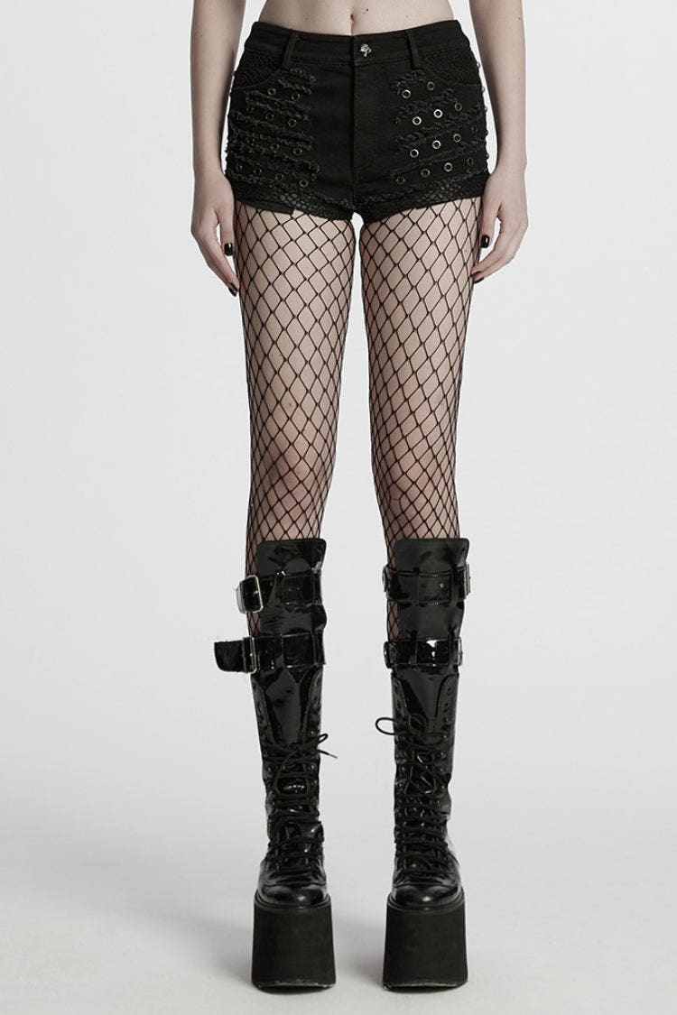 Black Stitching Mesh Distressed Women's Punk Shorts - Black - 1