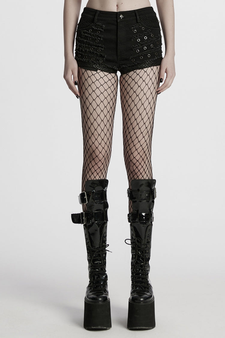 Black Stitching Mesh Distressed Women's Punk Shorts - Black - 1