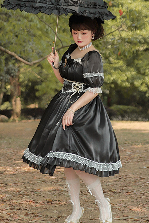 Square Collar Lace Short Sleeves High Waisted Plus Size Sweet Lolita OP Dress - Black - 9