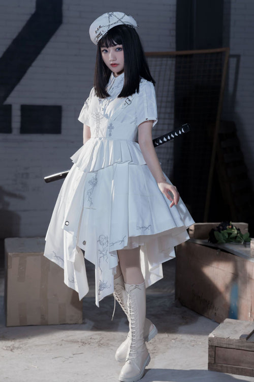 White Short Sleeves Irregular Hem New Gothic Lolita Dress - Product - 2