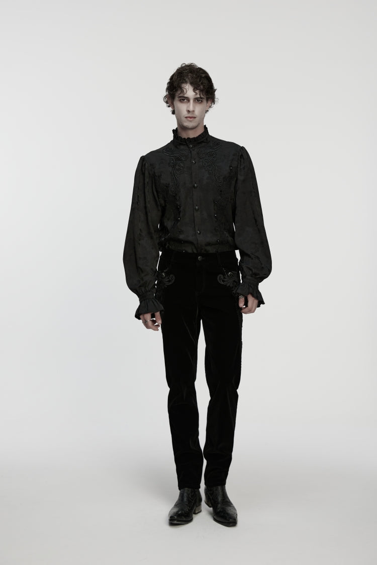 Black Stand Collar Long Puff Sleeves Embroidered Studded Men's Gothic Royal Shirt - Product - 6