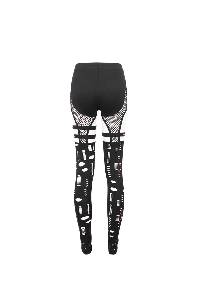 Black Elastic Asymmetrical Hole Knit Stitching Mesh Women's Punk Leggings - Product - 8
