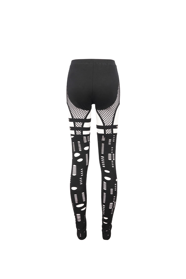 Black Elastic Asymmetrical Hole Knit Stitching Mesh Women's Punk Leggings - Product - 8