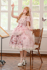 Pink Rabbit Print Square Collar Short Sleeves Ruffle Bowknot Lace Sweet Lolita Dress - Product - 11
