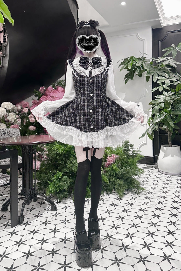 Black [Lunar Eclipse Doll] Long Sleeves Plaid Printed Ruffled Bow Lace Sweet Jirai Kei Japanese Dress Shorts Set - Product - 11