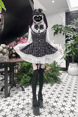 Black [Lunar Eclipse Doll] Long Sleeves Plaid Printed Ruffled Bow Lace Sweet Jirai Kei Japanese Dress Shorts Set - Product - 11