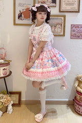 Milky Berry Bear Print Pink Bowknot Stitching Lace Sweet Lolita Strap Dress - Product - 6