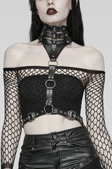 Black Buckle Ring Faux Leather Women's Steampunk Adjustable Choker Harness - Black - 1