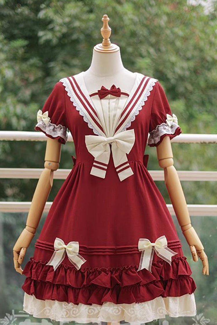 Rhine River Navy Style Short Sleeves Bowknot Sweet Lolita Dress 4 Colors - Dark Red - 5