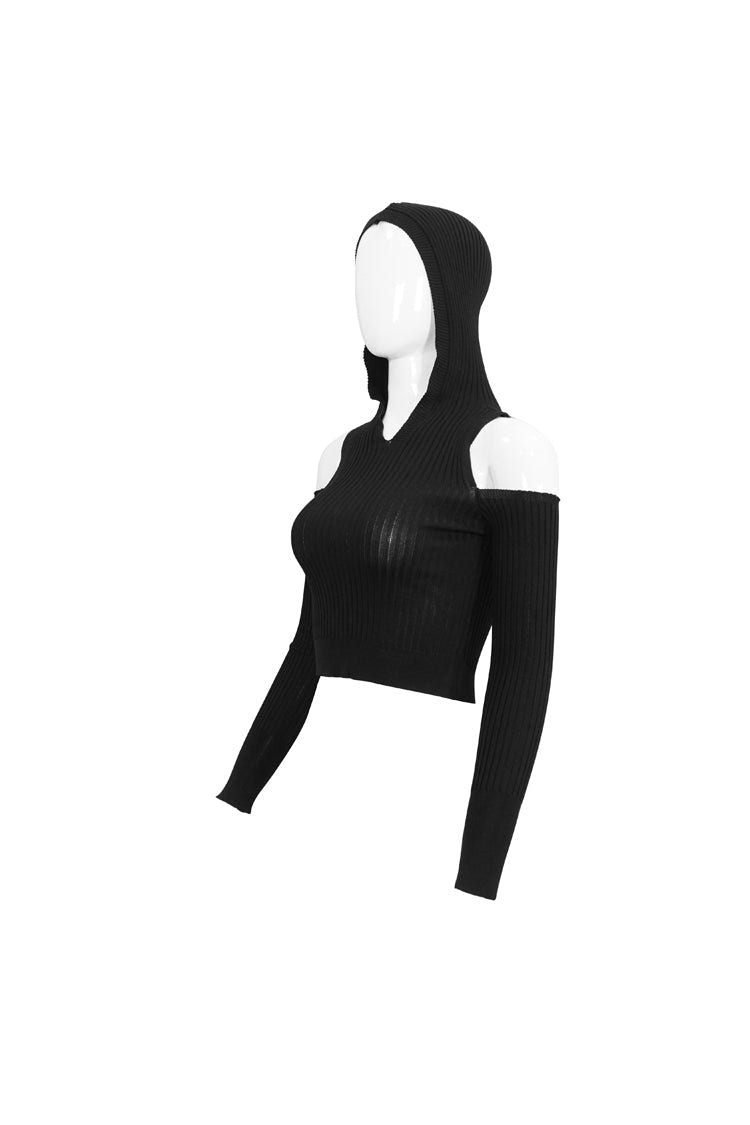 Black Hooded Off-The-Shoulder Back Cutout Rope String Upside Down Pentagram Wool Knit Long Sleeve Women's Punk Sweater - Product - 8