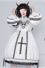 Beige Detachable Hat High Neck Woolen Cuffs Demon Rabbit Gothic Lolita OP Dress - Product - 6