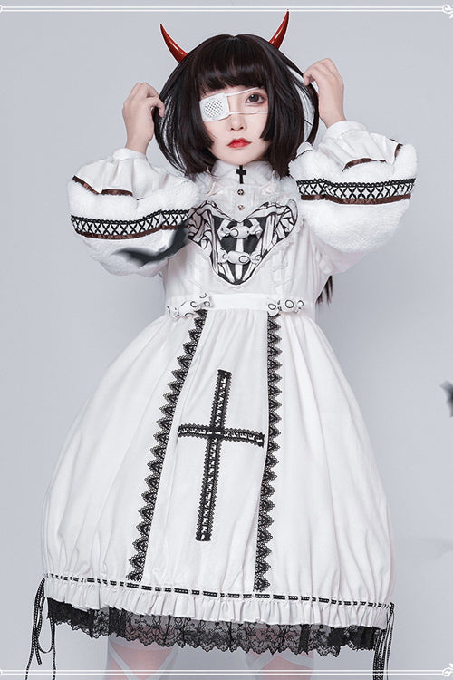 Beige Detachable Hat High Neck Woolen Cuffs Demon Rabbit Gothic Lolita OP Dress - Product - 6
