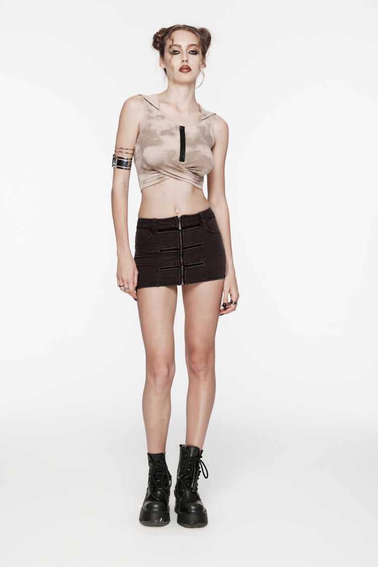 Brown Patchwork Slim Fit Mesh Zippered Eyelet Women's Punk Cool Skirt - Product - 10