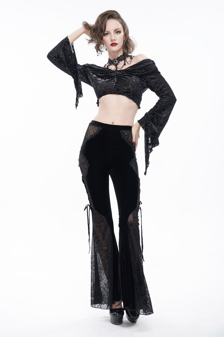 Black Translucent Velvet Jacquard Sexy Panel Lace-Up Plaid Flared Gothic Women's Pants - Product - 5