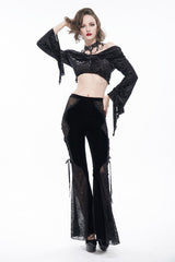 Black Translucent Velvet Jacquard Sexy Panel Lace-Up Plaid Flared Gothic Women's Pants - Product - 5