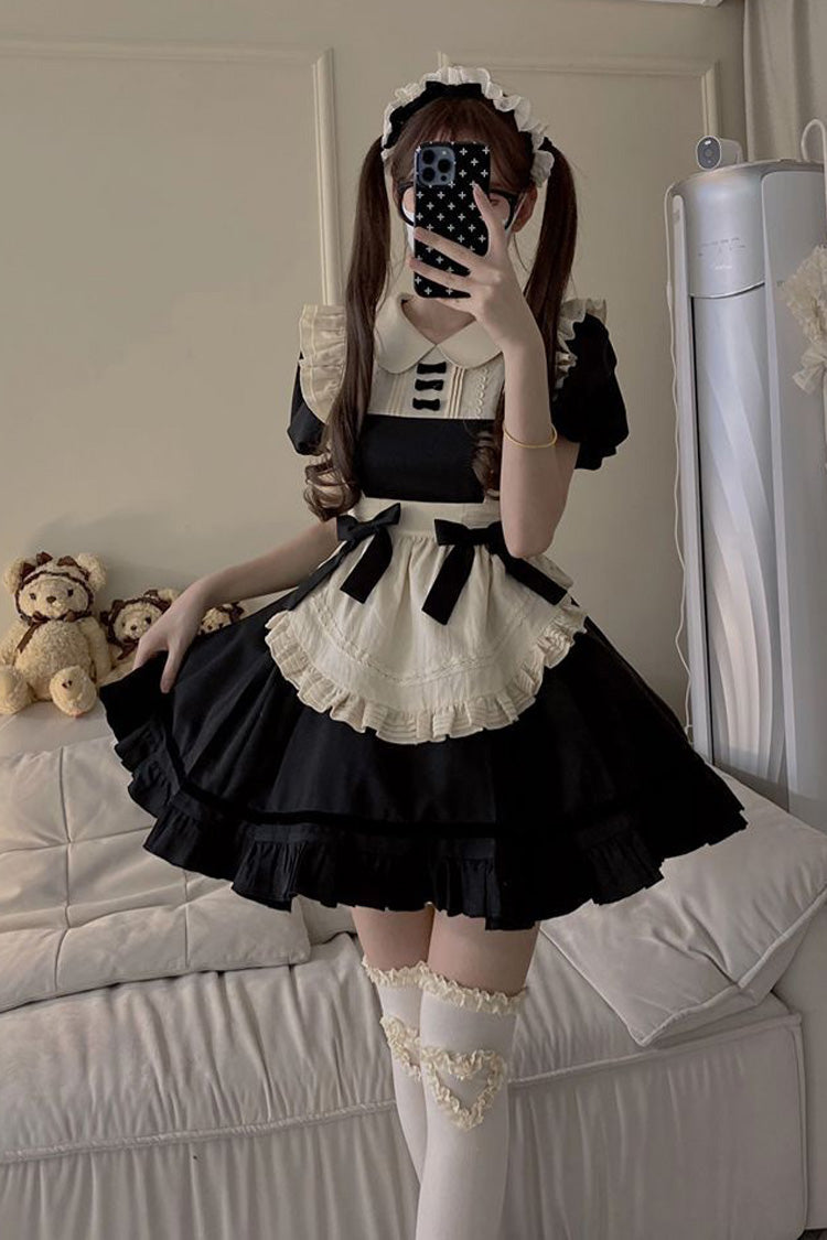 Black Maid Lapel Collar Short Sleeves Ruffle Sweet Classic Lolita Dress (Short or Long Version) - Product - 11