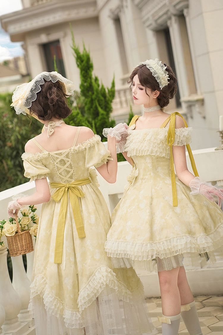 Yellow [Falling Flowers as a Message] Square Collar Flying Sleeves Print Ruffle Lace Sweet Elegant Lolita Short Dress - Product - 9
