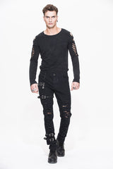 Black Metallic Punk Broken Holes With Loops Mens Pants - Product - 4