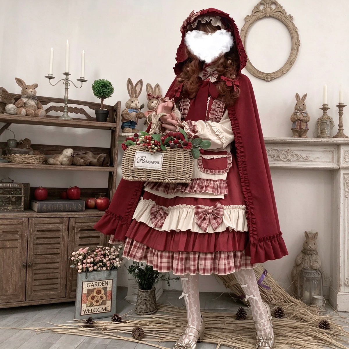 Red and Beige Plaid Ruffled Country Lolita Dress Set with Apron Accent - view 3