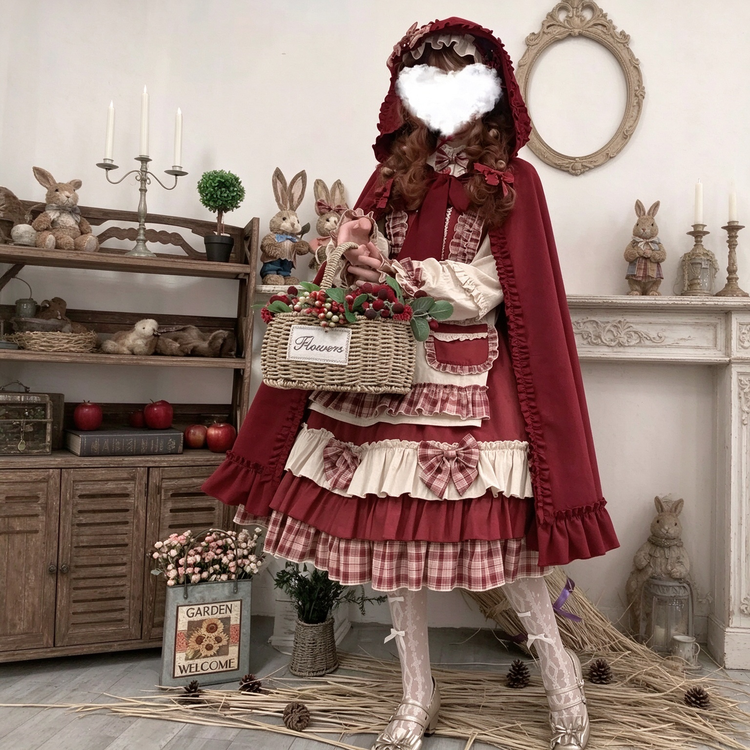 Red and Beige Plaid Ruffled Country Lolita Dress Set with Apron Accent - view 3
