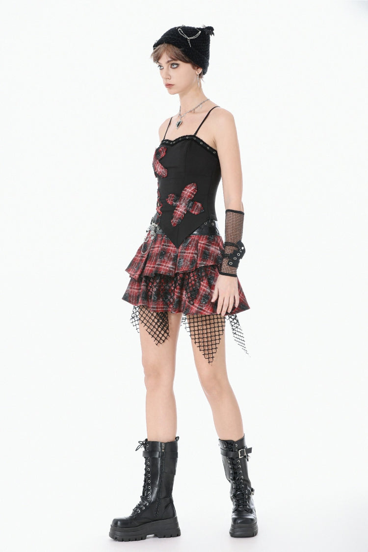 Black Strap Off Shoulder Asymmetric Side Lace-Up Eyelet Women's Punk Plaid Cross Bustier - Product - 11