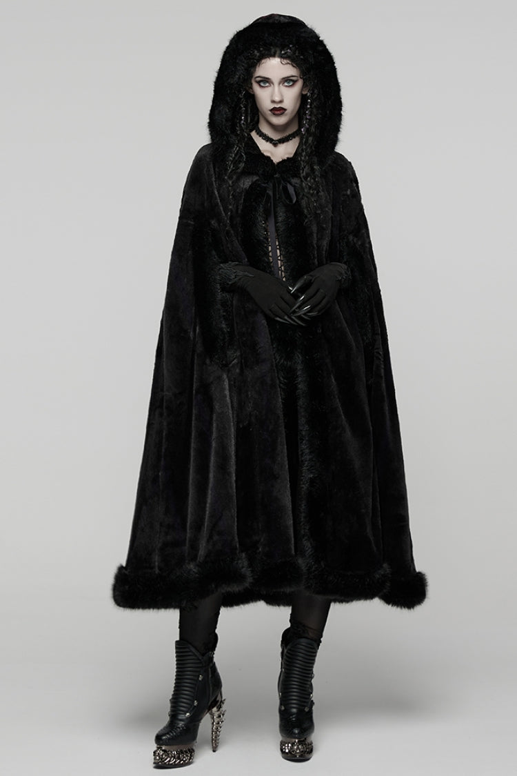 Black Faux Fur Spliced Hooded Women's Gothic Coat Cloak - Product - 4