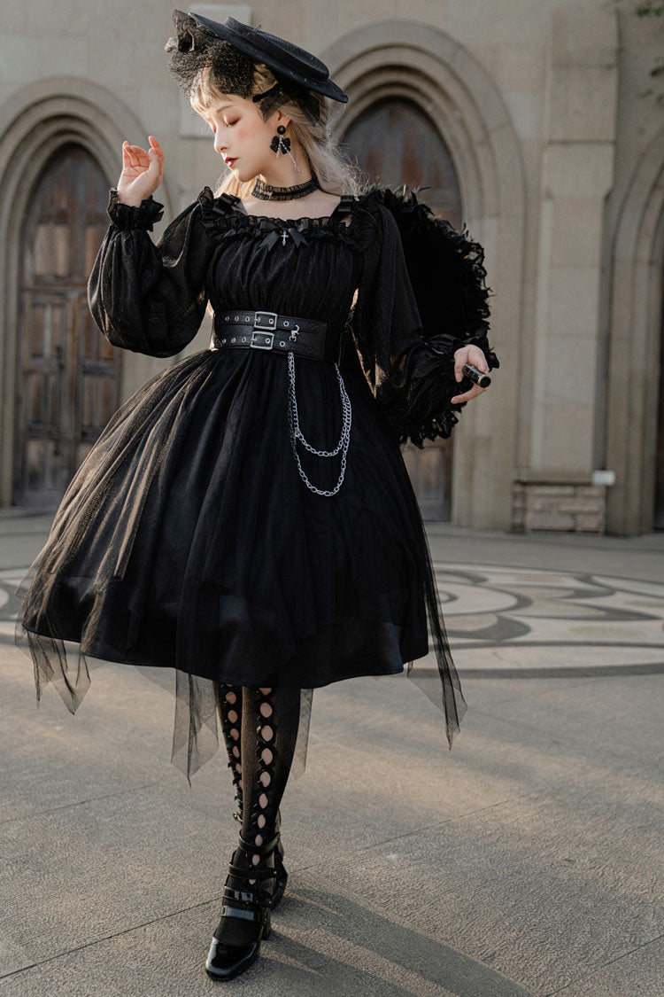 Black Square Collar Metal Chain Organza Stitching Gothic Lolita OP Dress (Short Version) - Product - 6
