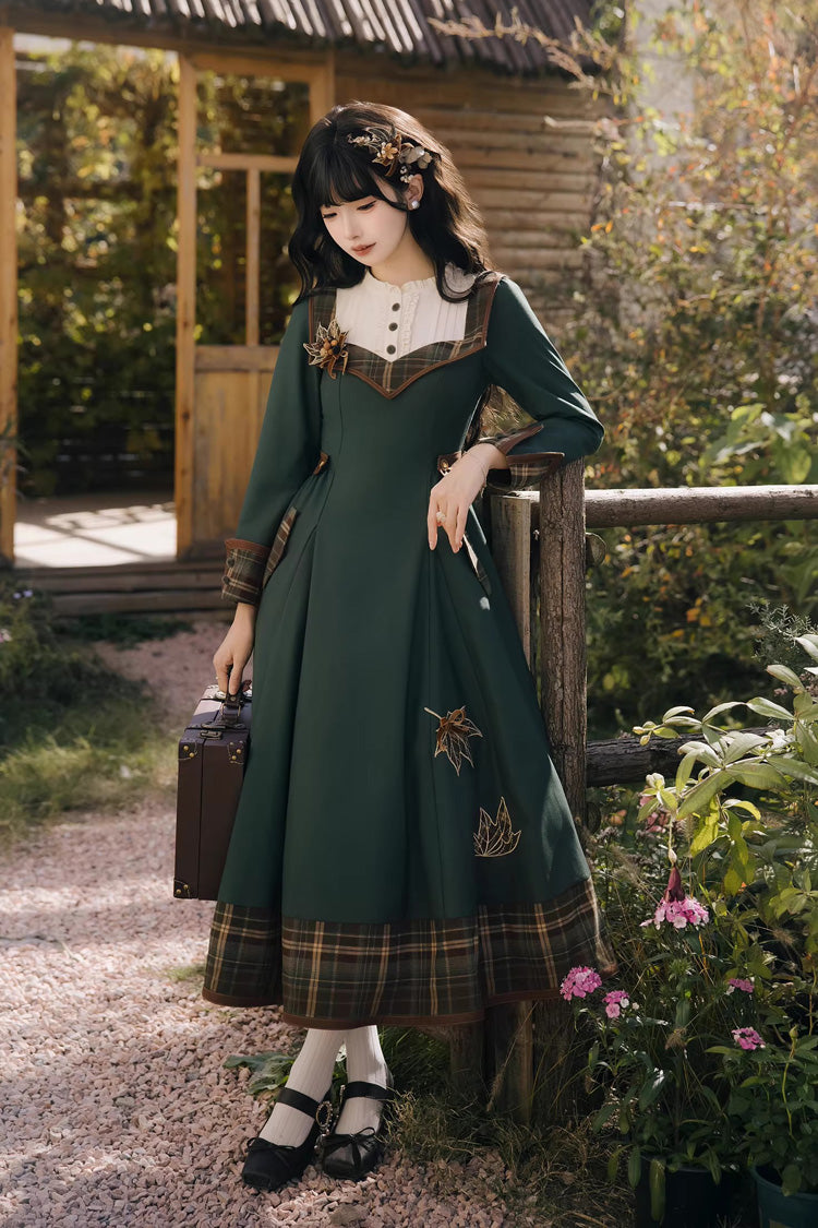 Green [Autumn Chronicles] Round Collar Long Sleeves Printed Embroidered Spliced Slim Sweet Lolita Dress - Product - 8