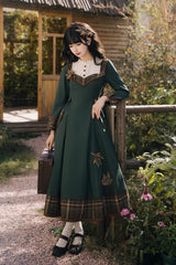 Green [Autumn Chronicles] Round Collar Long Sleeves Printed Embroidered Spliced Slim Sweet Lolita Dress - Product - 8