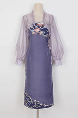 Purple Retro Chest Embroidery Han Elements Suspenders With Cloak Sweet Hanfu Dress - Product - 6