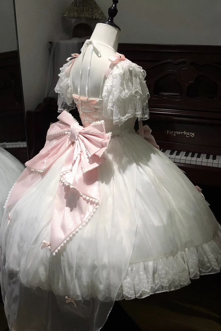 White/Pink [Snow of Love] Ruffled Hanayome Open-Front Bow Lace Sweet Princess Lolita Dress - Product - 6