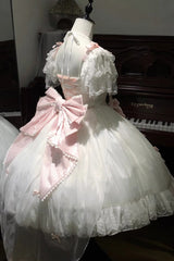 White/Pink [Snow of Love] Ruffled Hanayome Open-Front Bow Lace Sweet Princess Lolita Dress - Product - 6