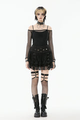 Black Wide-Waistband Eyelet Strap Double-Layered Lace Women's Punk Skirt - Product - 5